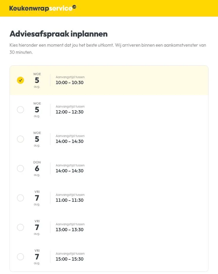 Klantportaal van Keukenwrapservice met beschikbare dagen en aankomstvensters voor een adviesafspraak.