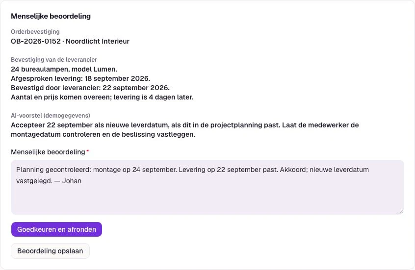 Detail van een Flow-dossier: bevestiging van de leverancier, AI-voorstel, menselijke beoordeling en Goedkeuren en afronden.