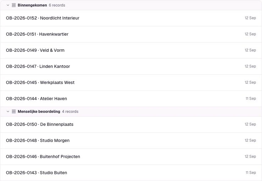Uitsnede van de Flow-inbox met tien fictieve orders: zes binnengekomen en vier voor menselijke beoordeling.