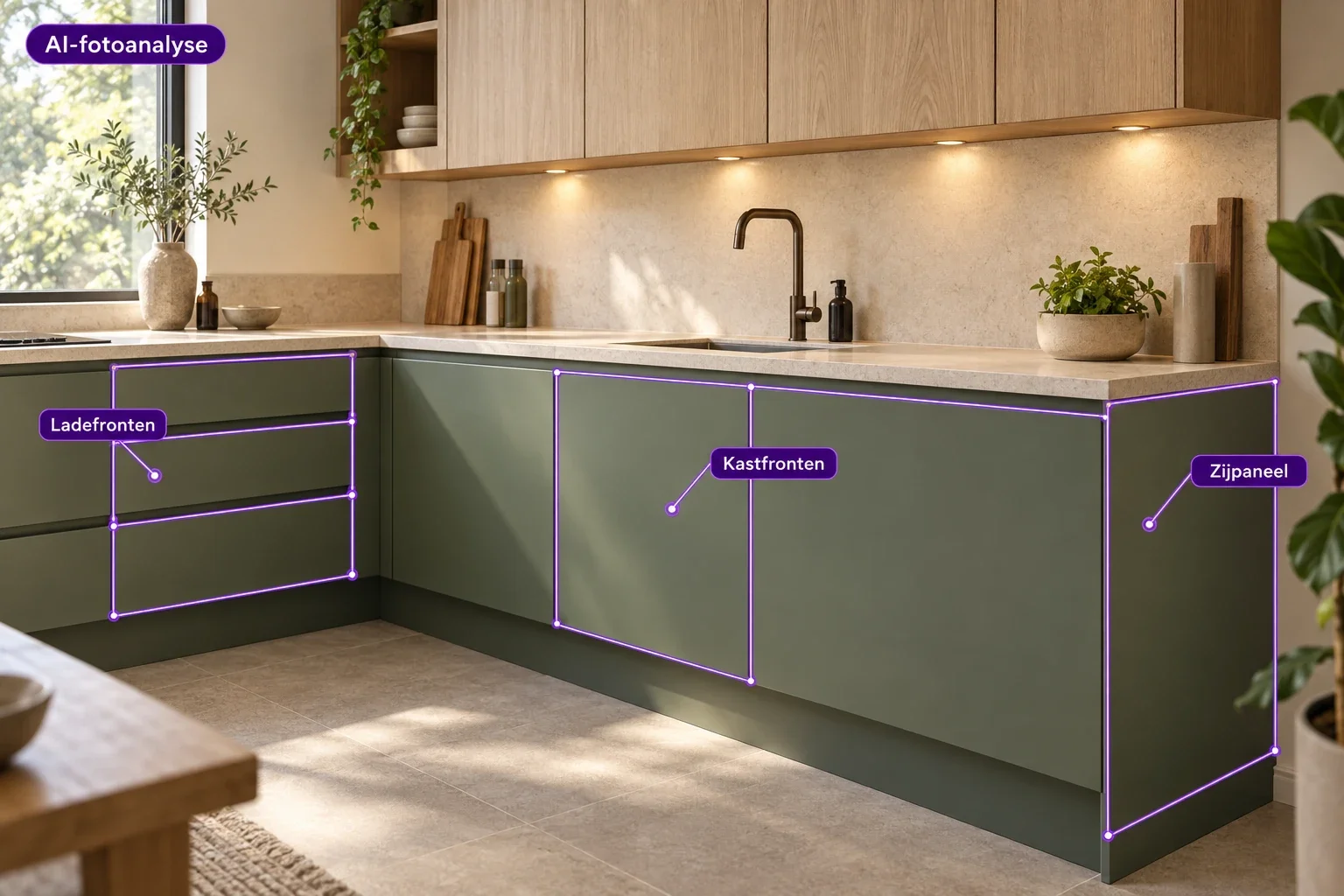 Illustratie van AI-fotoanalyse in een moderne groene keuken: paarse contouren markeren ladefronten, kastfronten en een zijpaneel.
