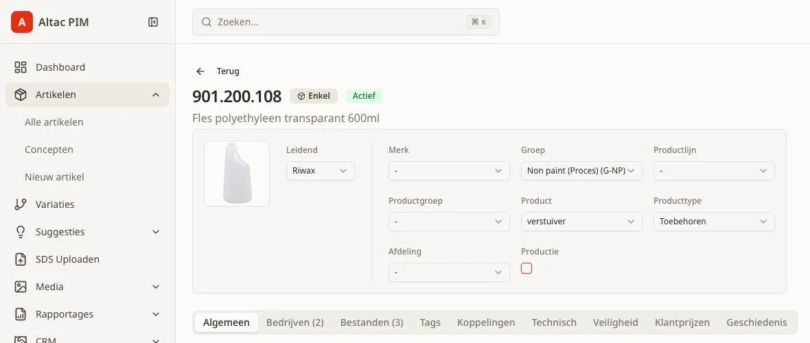 Altac PIM met de indeling van een product en tabbladen voor bestanden, technische gegevens en veiligheid.