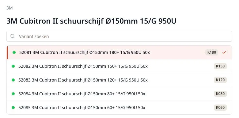Productdetail in de Altac-bestelapp met de beschikbare varianten van een product.